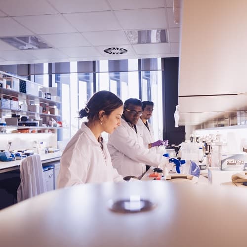 A group of three scientists conducting research in a lab.